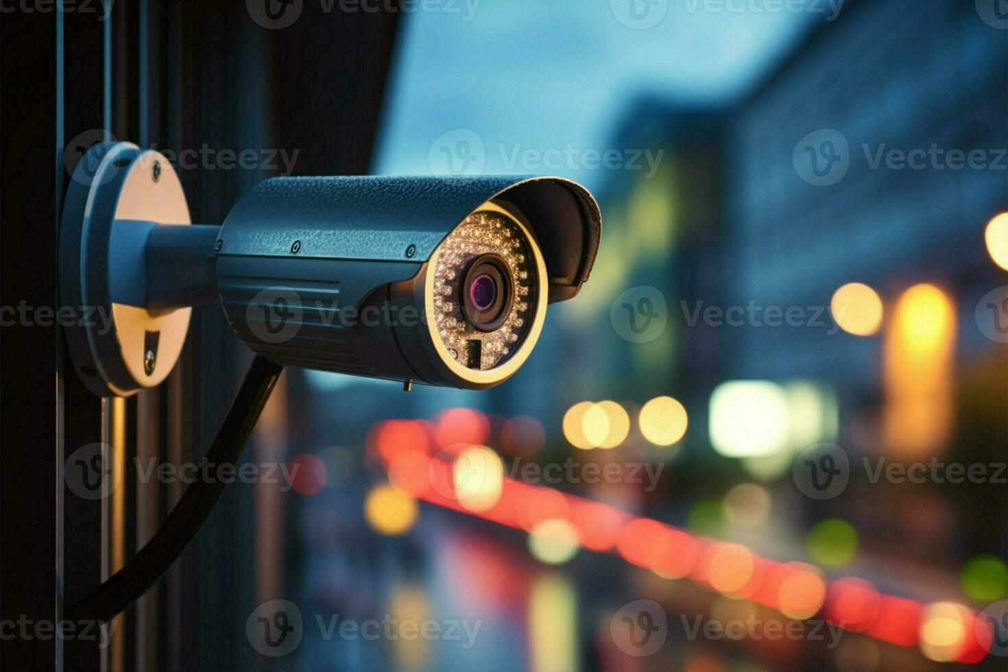 ai generated safety focus window mounted cctv security camera with bokeh light background photo